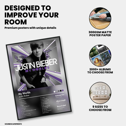Justin Bieber — My Worlds Album Poster — premium poster features