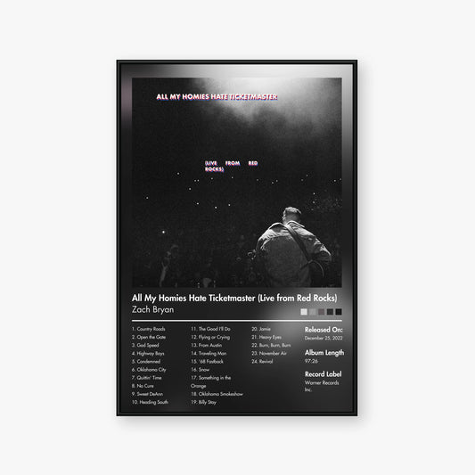 Zach Bryan — All My Homies Hate Ticketmaster (live from Red Rocks) Album Poster — Blur frame mockup