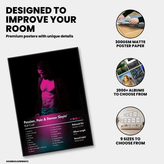 Kid Cudi — Passion, Pain & Demon Slayin’ Album Poster — premium poster features