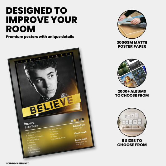 Justin Bieber — Believe Album Poster — premium poster features