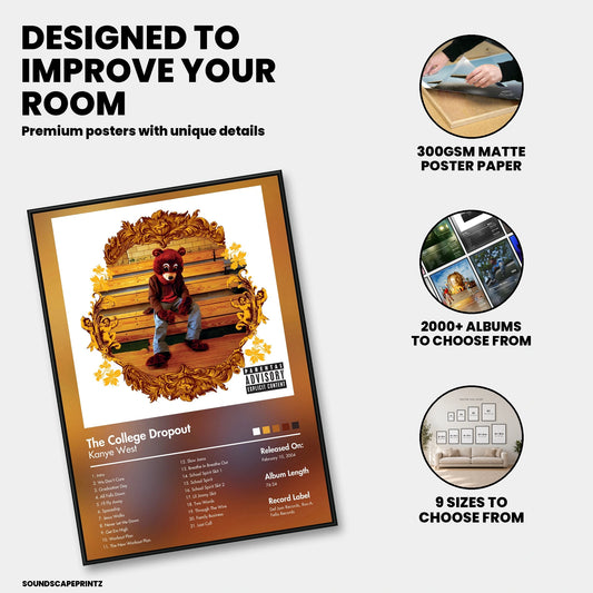 Kanye West — The College Dropout Album Poster — premium poster features