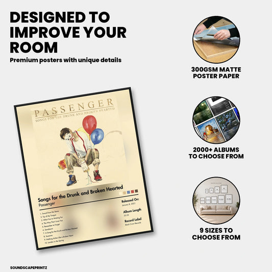 Passenger — Songs for the Drunk and Broken Hearted Album Poster — premium poster features
