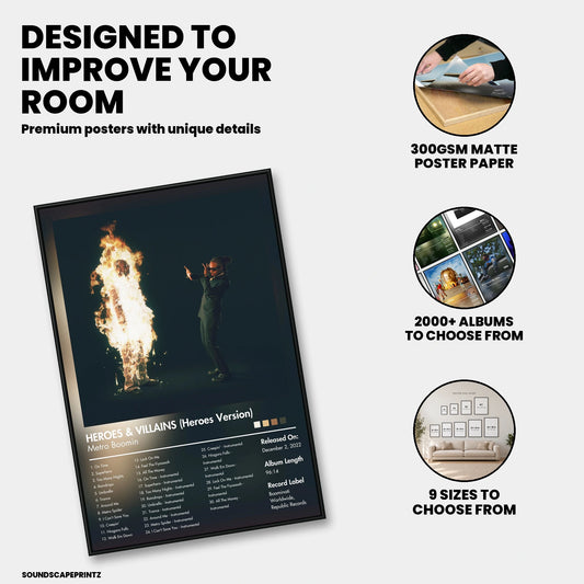 Metro Boomin — HEROES & VILLAINS (Heroes Version) Album Poster — premium poster features