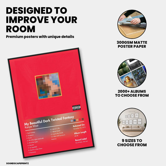 Kanye West — My Beautiful Dark Twisted Fantasy Album Poster — premium poster features